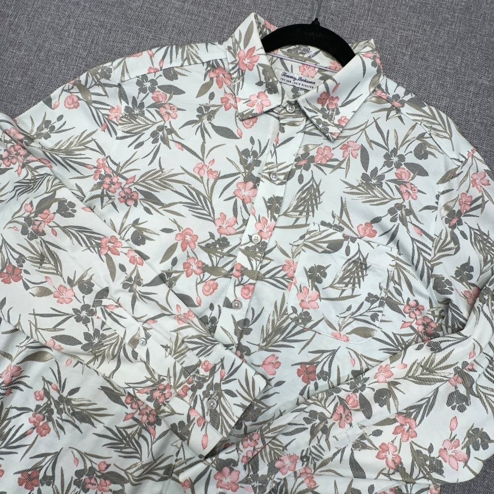 Tommy Bahama San Lucio Stretch Shirt Mens M White Floral Long Sleeve Travel Luau